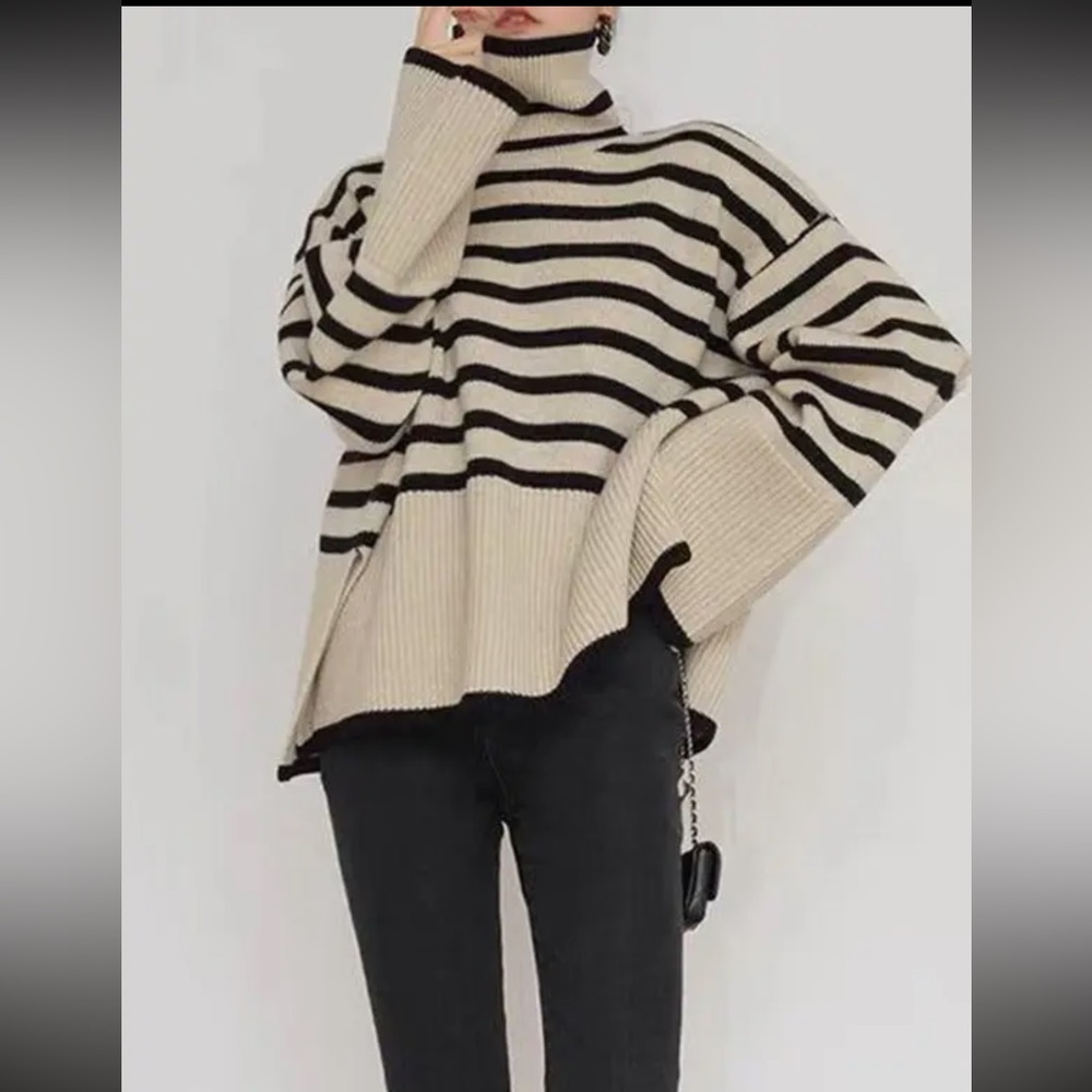 62 Contrast Color Striped Long Sleeves Sweater - Picture 2 of 2
